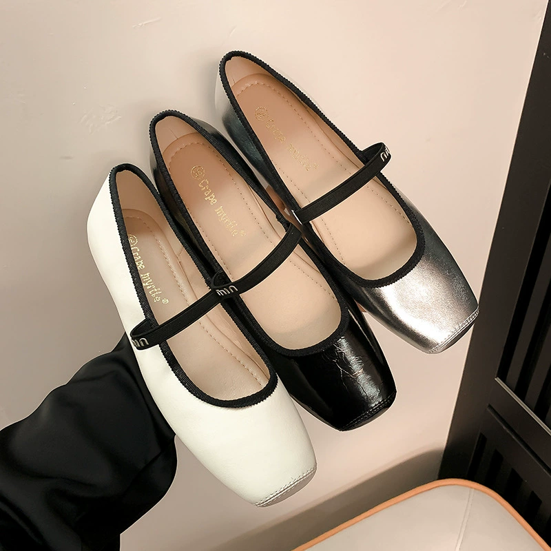 Women's Square Toe Ballet Flats with Ankle Strap, French Style, Flat Sole
