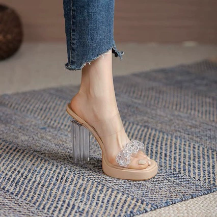 Tacones de Plataforma Cristal 2025 Verano Nuevo Tacón Grueso Cristal Sandalias Nube Mujer Suela Gruesa Zapatillas Exterior