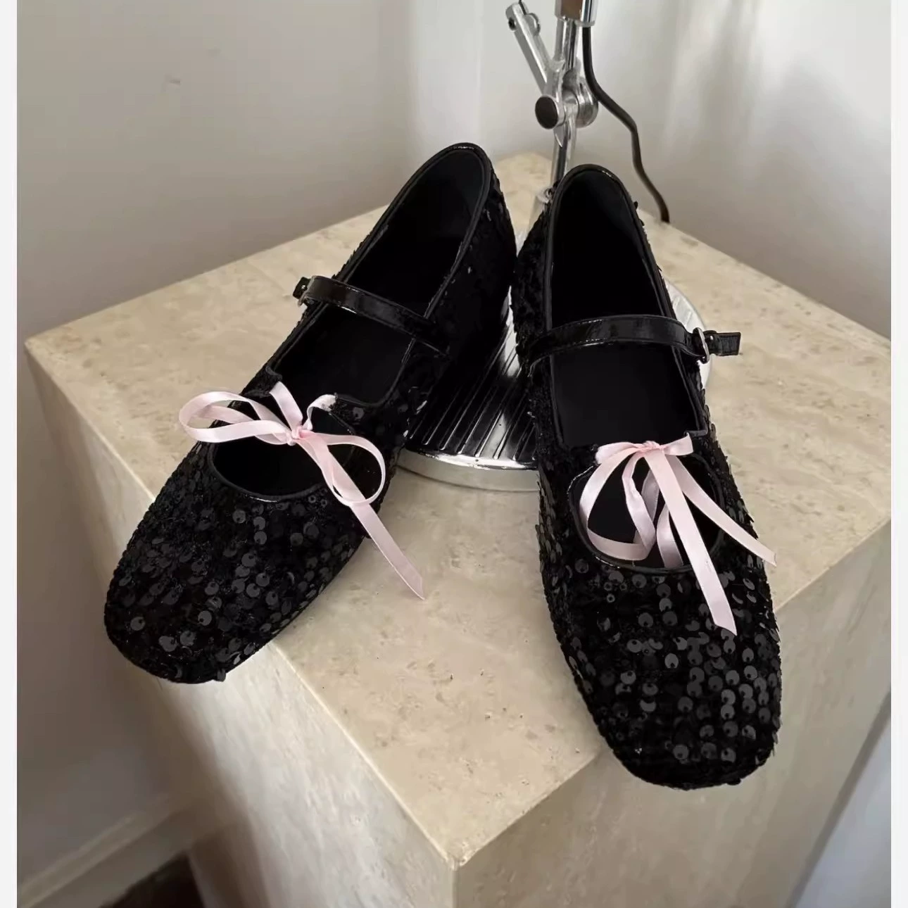 Koreanisch Nischen Pailletten Mary Jane Schuhe Damen 2025 Sommer Neu Schnürung Blockabsatz Ballett Schnallenriemen Pumps