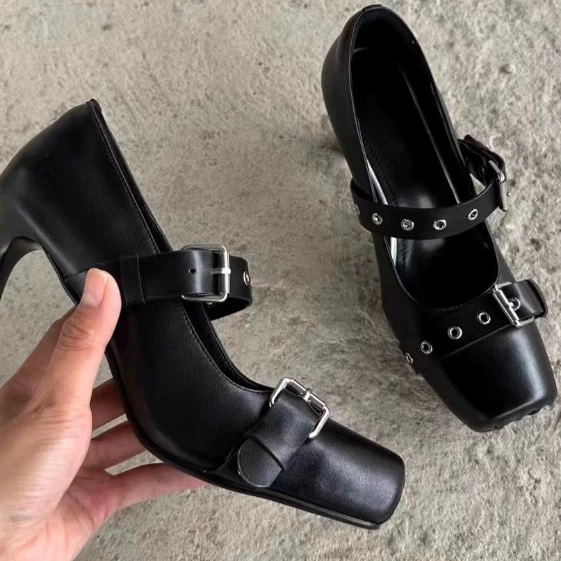 Original Niche 7cm High Heel Pumps Dark Pig Ballet Shoes Spicy Girl Cowhide High Heel Chunky Sole Casual
