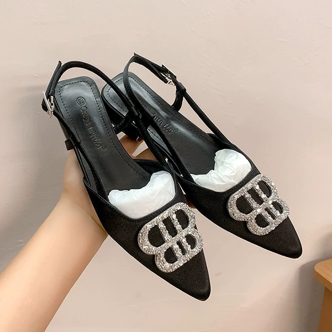 Women's Silver Pointed Toe Heels with Rhinestones, Chunky Heel, Office