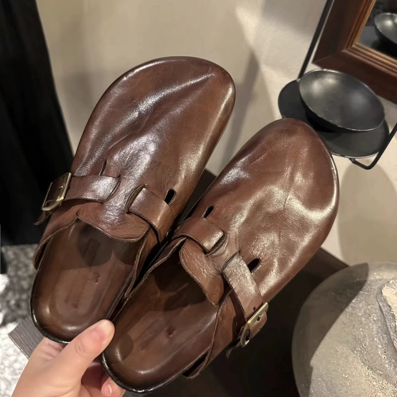 Ретро универсальные повседневные туфли Birkenstock, ремешок на носке, 2025, новые, мытая конская кожа, носок, ретро тапочки для женщин