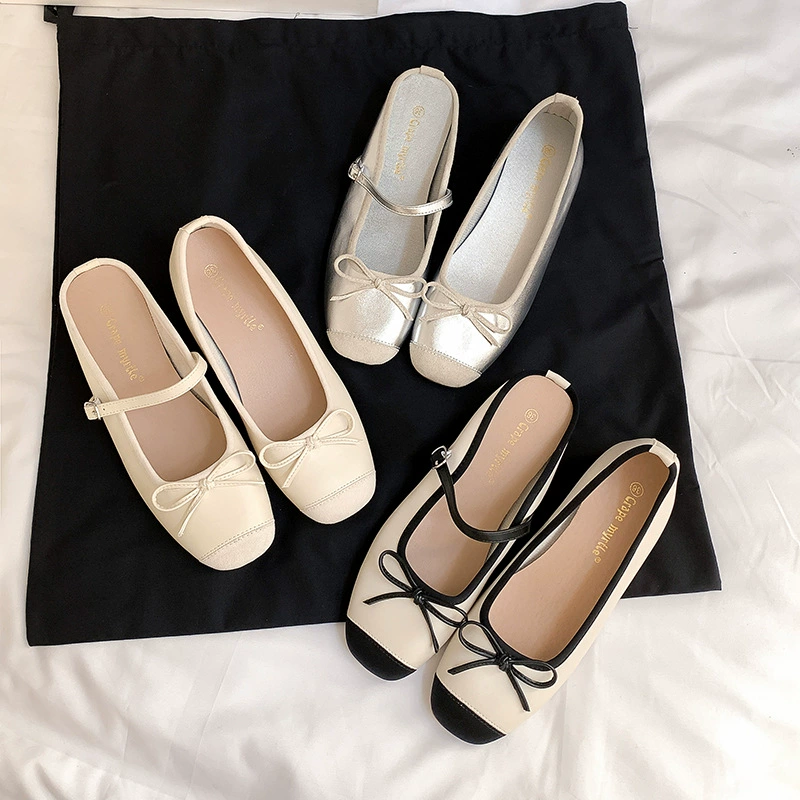 Women's Ballet Mule Flats with Bow, Hidden Wedge, French Style, Spring