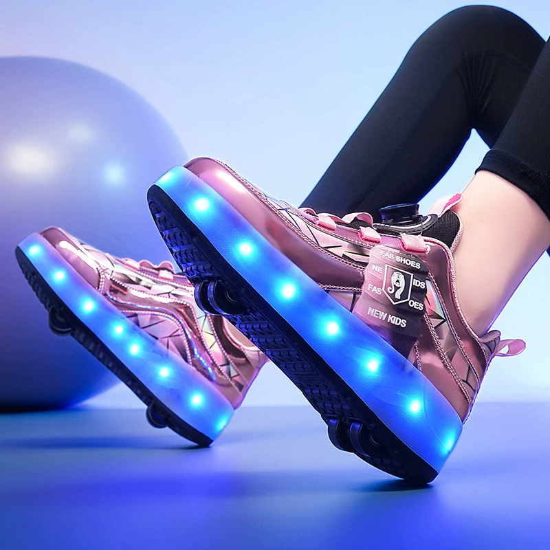 Export Kids Heelys Four-Wheel LED Light-Up Shoes Retractable Roller Sports Student Sneakers