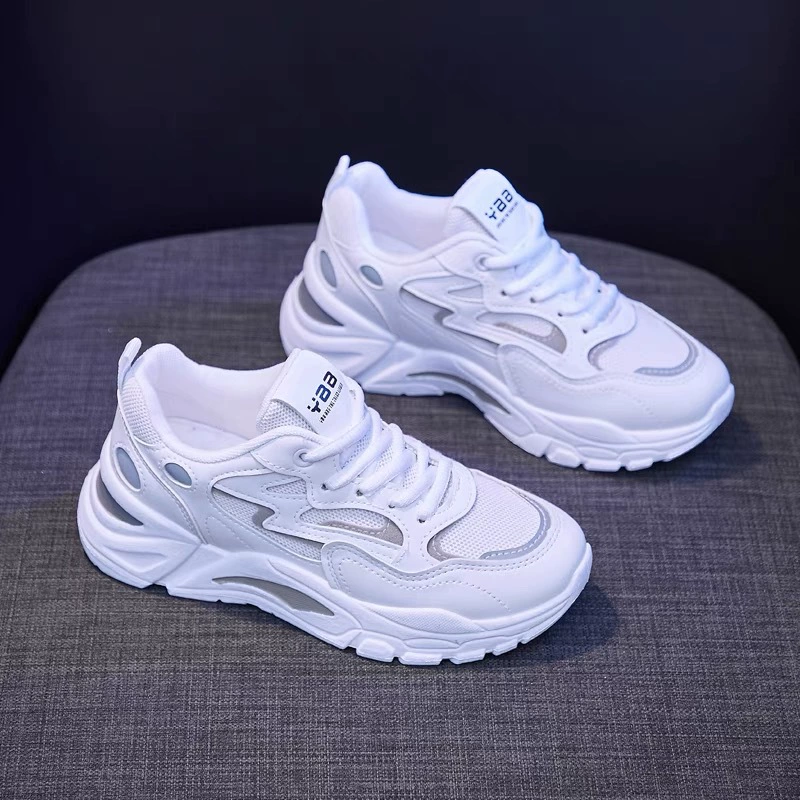 Herbst Damen Atmungsaktive Mesh Weiße Sneaker, Koreanischer Style Dicke Sohle Freizeit Dad Schuhe