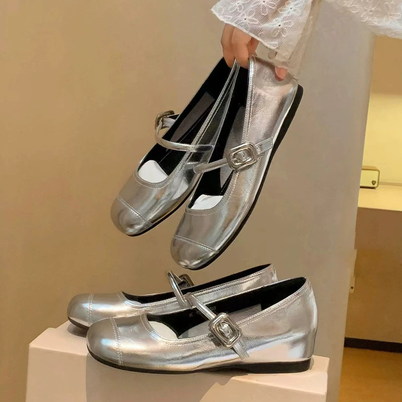 New Summer Round Toe Silver Leather Flat Mary Jane Shoes for Women