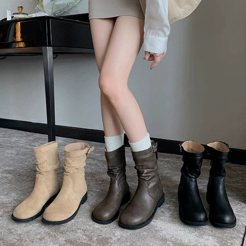 Vintage Simple Low Heel Martin Boots with Buckle for Women Autumn