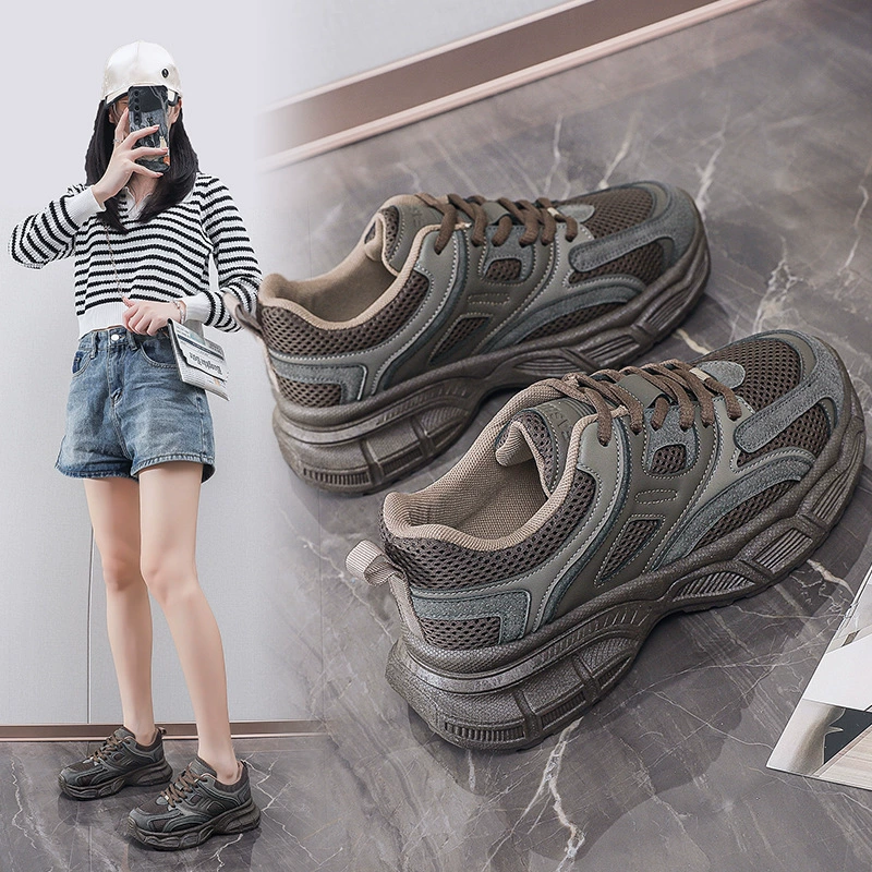 2024 Herbst Damen Atmungsaktive Mesh Dad Sneaker, Koreanischer Style Dicke Sohle Freizeit Laufschuhe