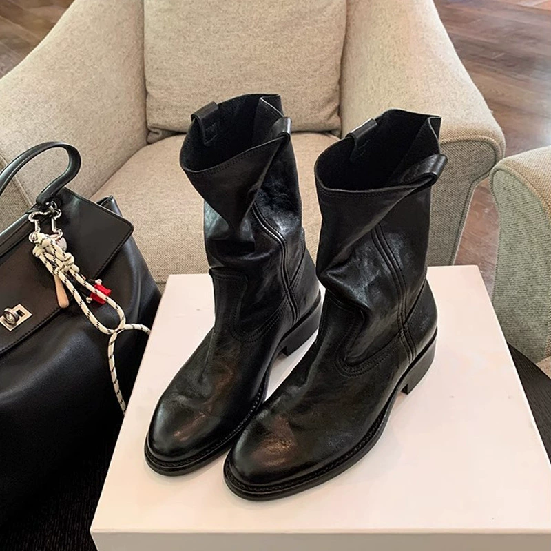British Style Pointed Toe V-Cut Block Heel Western Boots for Women