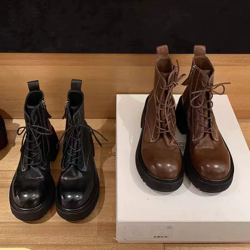 Autumn New Washed Horse Leather Lace Up Block Heel Motorcycle Boots for Women