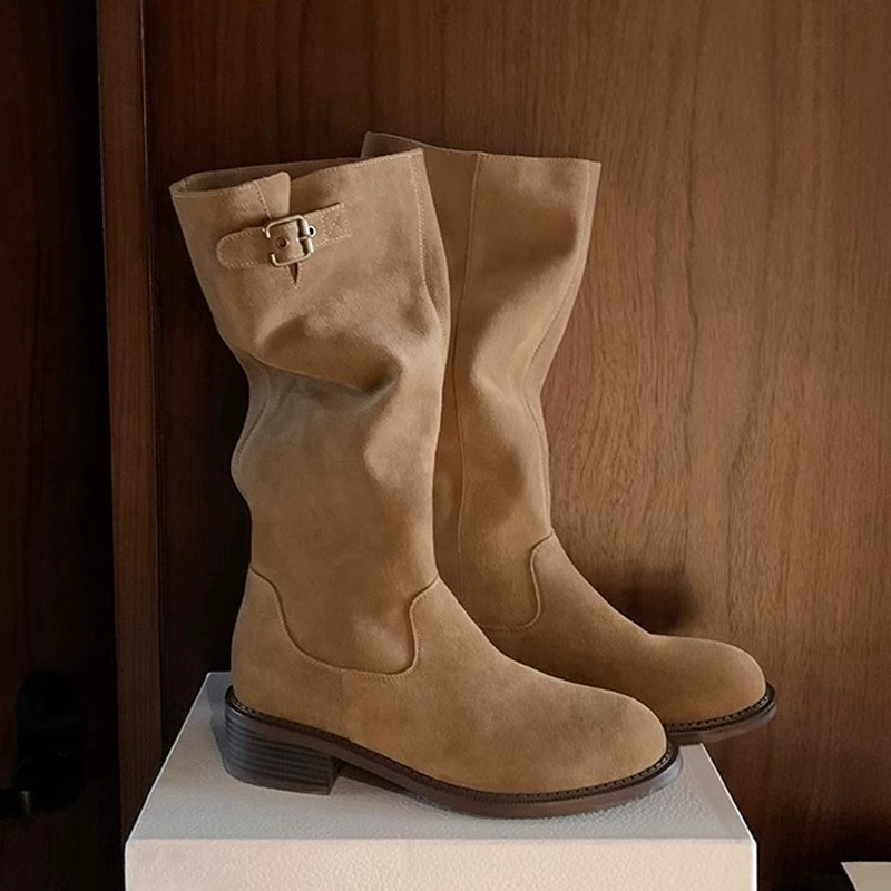 New Round Toe Buckle Block Heel Knee High Boots for Women