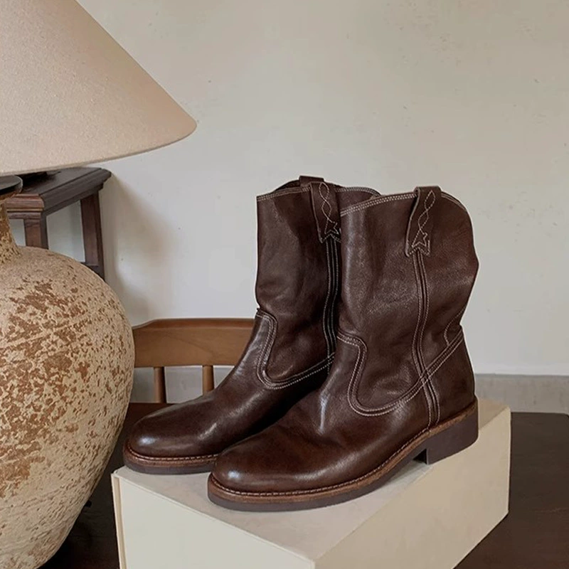 Genuine Leather Pointed Round Toe V-Cut Western Short Boots for Women