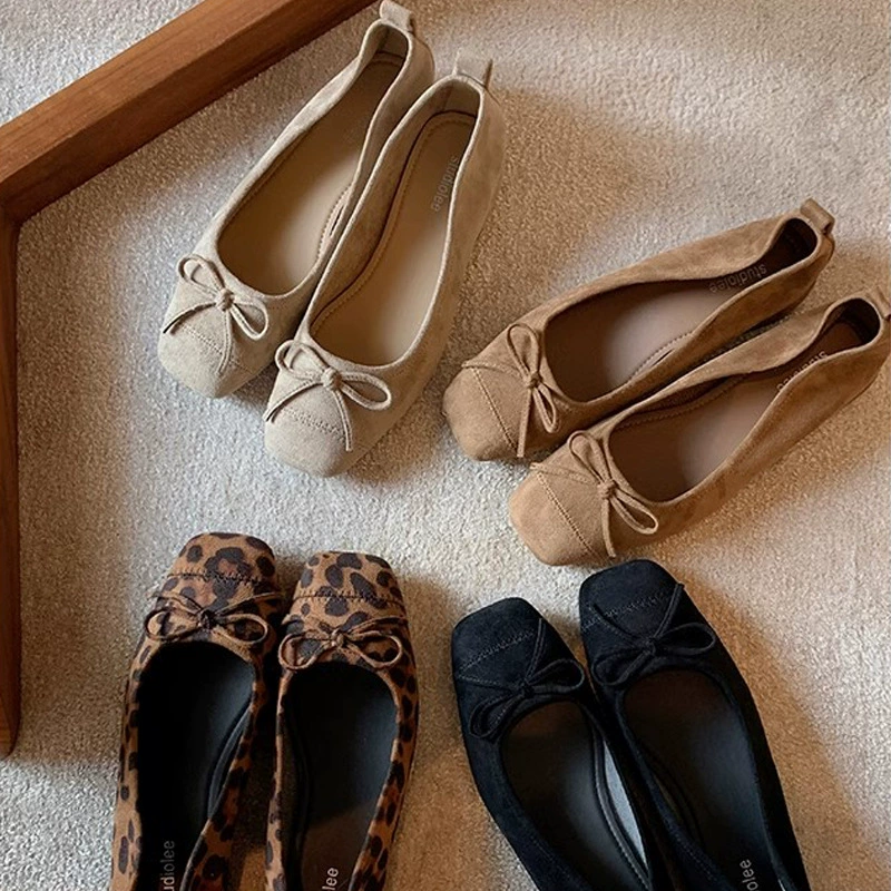New Autumn Square Toe Bow Block Heel Leopard Print Flats for Women