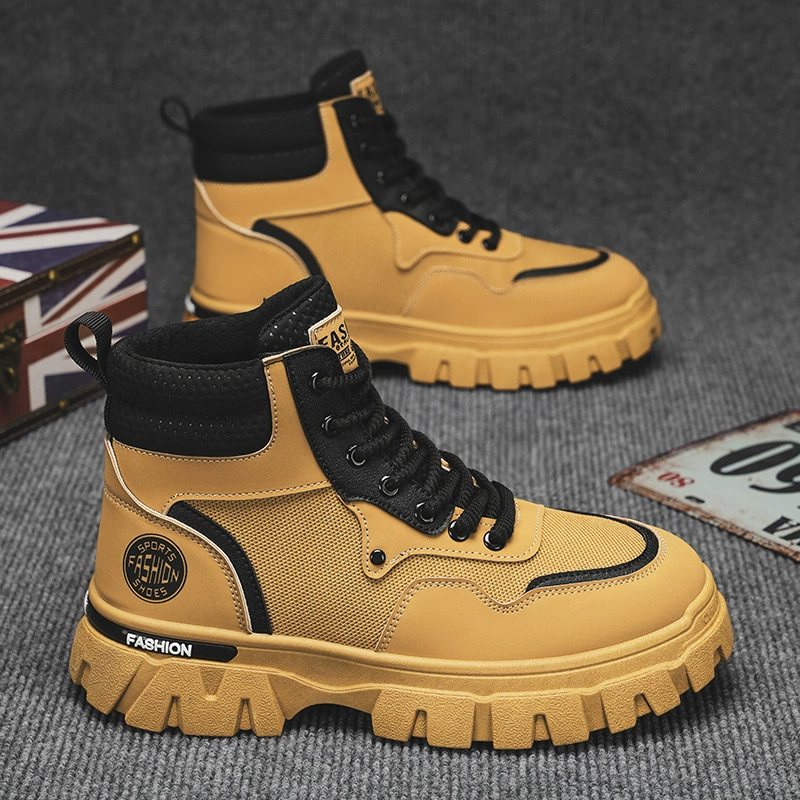 Men's Martin Boots Autumn Breathable High Top British Retro Work Boots Outdoor Hiking Desert Combat Yellow Boots