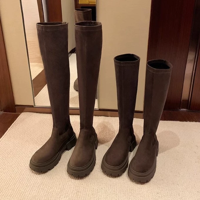 New Women's Round Toe Thick Sole Stretch Suede Over-the-Knee Slim Boots for Fall Winter