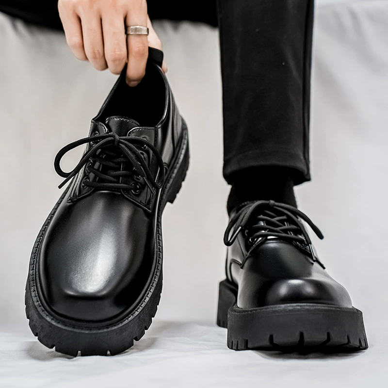 Autumn New Men's Casual Leather Shoes Retro Work Lace Up Soft Breathable Height Increasing Thick Sole Chunk Head