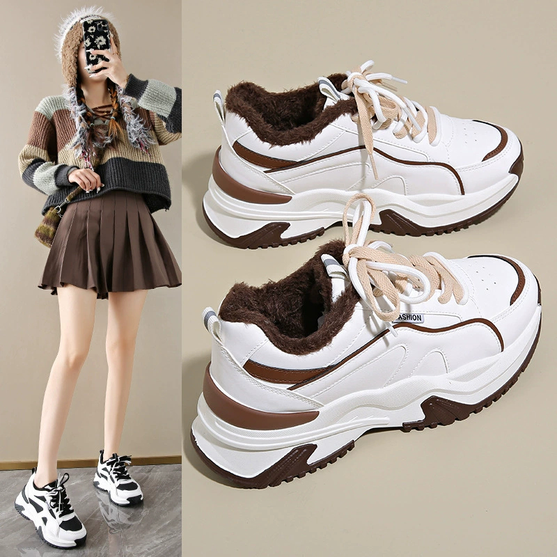 Baskets papa doublées polaire pour femme, hiver 2024, chaudes, semelle épaisse, chaussures décontractées