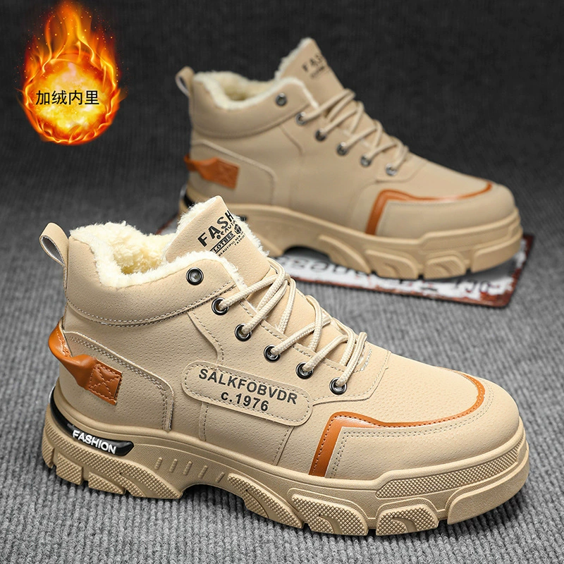 Men's Martin Boots Winter Fleece Lined Warm High Top Retro Work Boots Outdoor Hiking Desert Combat Yellow Boots