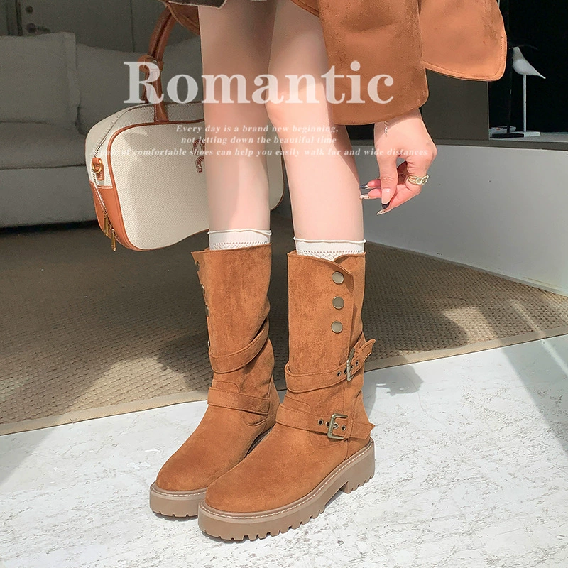 New Women's Faux Shearling Foldable Two-Way Chunky Heel Motorcycle Short Boots for Fall Winter