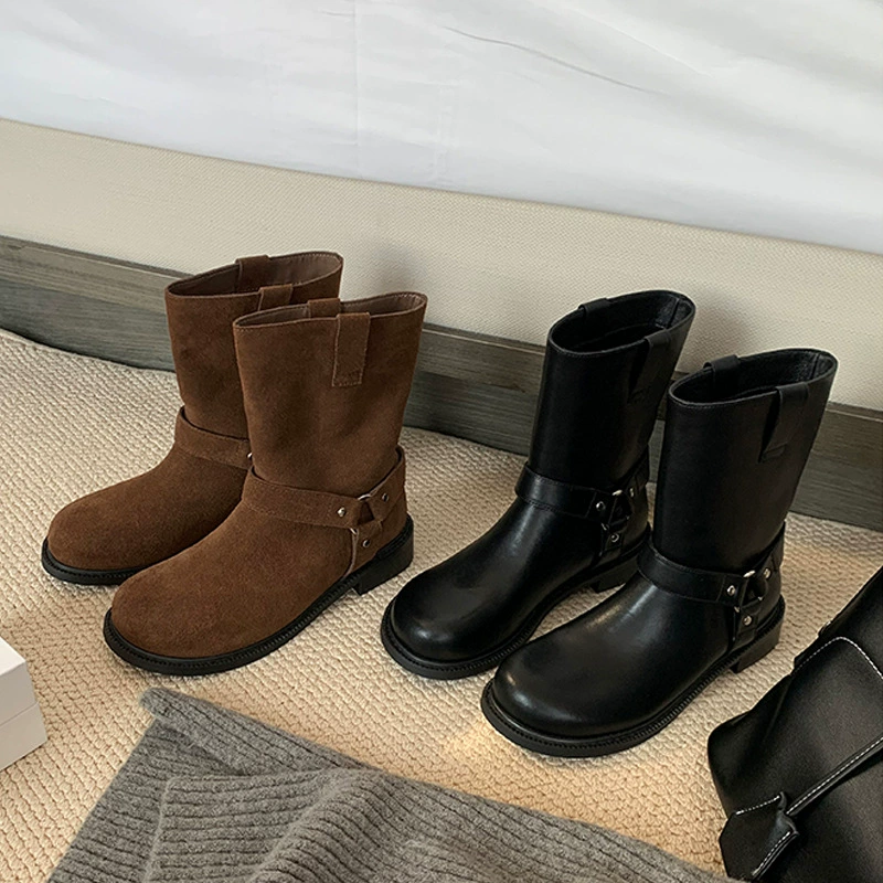 New Women's Vintage Metal Buckle Western Short Boots Round Toe Motorcycle Boots for Fall