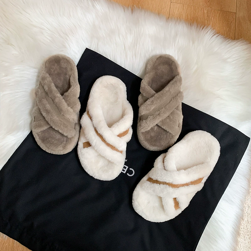 New Women's Fur Slides Cross Strap Patchwork Warm Casual Thick Sole Slippers for Fall Winter