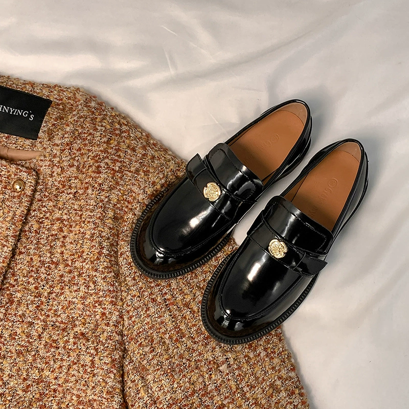 New Women's Genuine Leather Camellia Gold Buckle Round Toe Slip-On Chunky Heel Loafer Shoes for Fall