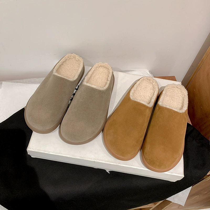 New Women's Lined Fur Slip-On Genuine Leather Mule Snow Boots for Fall Winter Cotton Shoes