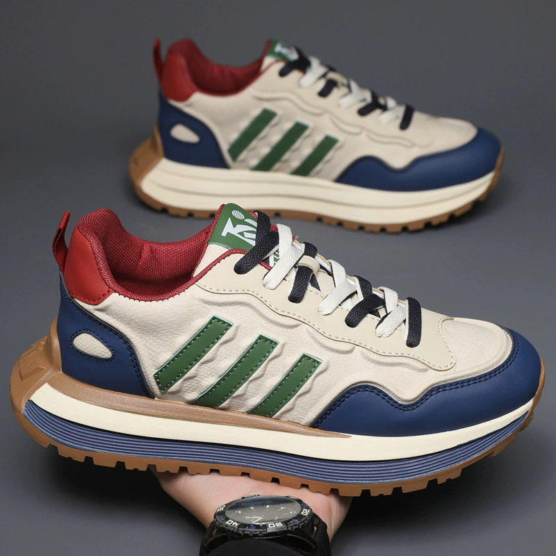 Men's European Luxury Three-Stripe Agility Shoes, Thick Sole Genuine Leather Dad Shoes Fall