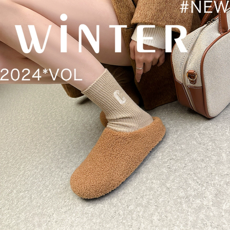 New Winter Warm Plush Lined Slip-On Half Slippers for Women Outdoor