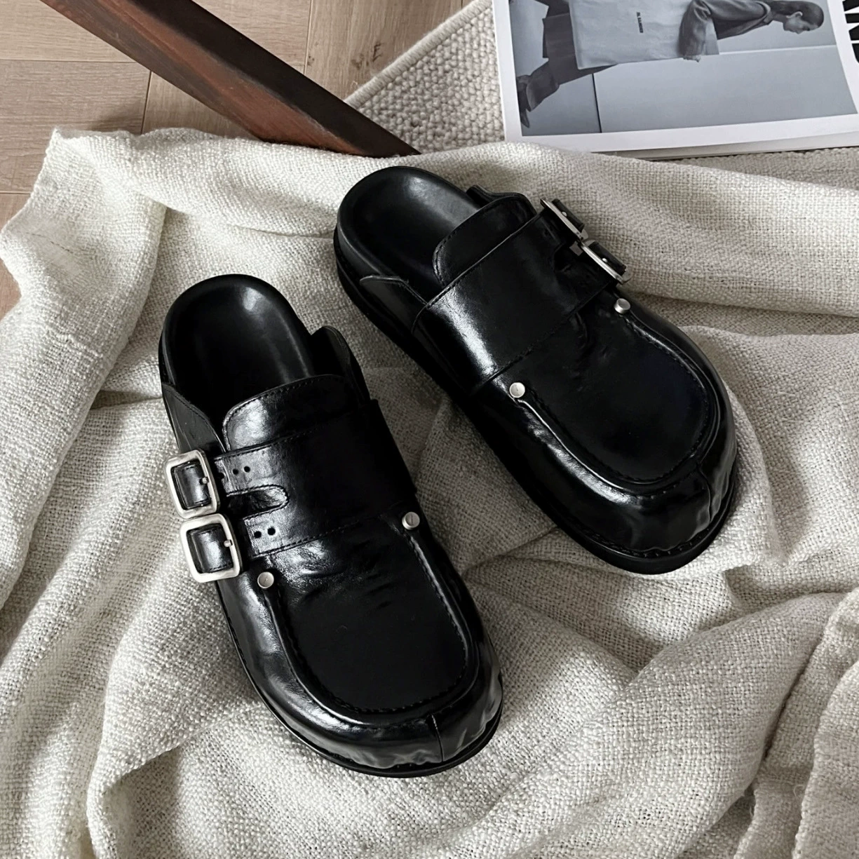 Nouvelles chaussures Birkenstock à semelle épaisse pour femme Automne Hiver, demi-pantoufles vintage, chaussures décontractées