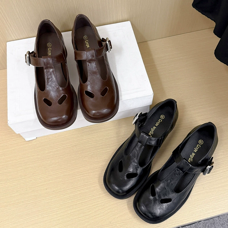 Miu Style Hollow Leather Vintage Mary Jane Shoes Chunky Heel for Women