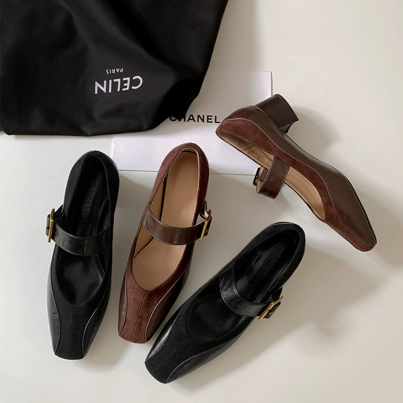 Spring French Square Toe Buckle Strap Chunky Heel Mary Jane Shoes