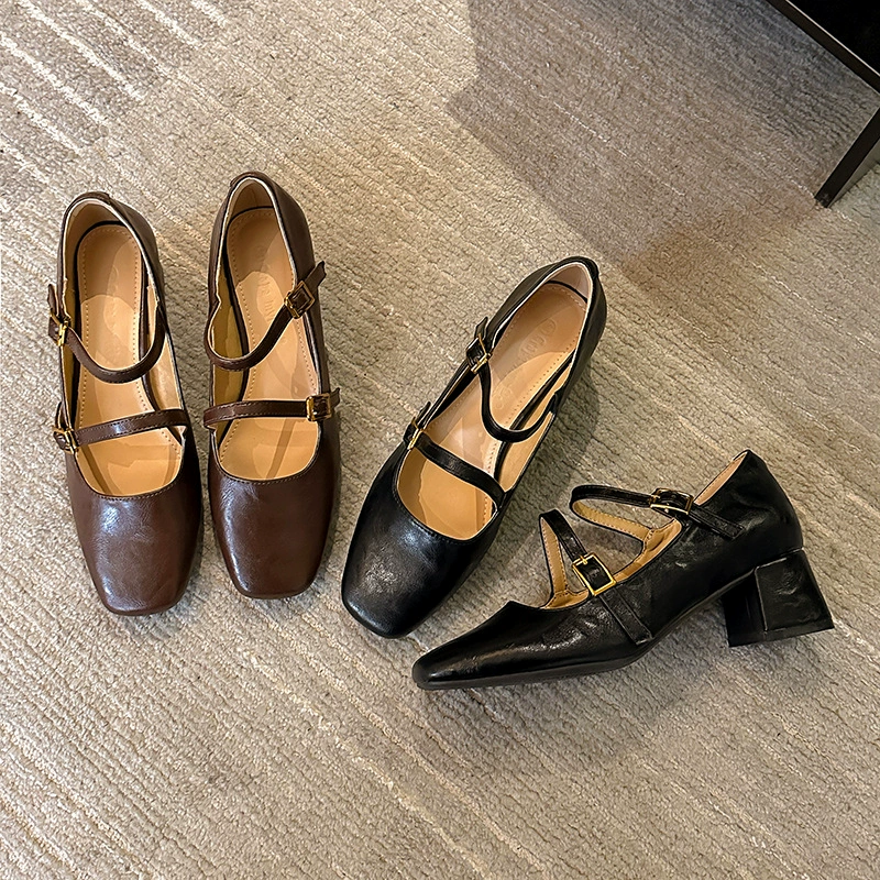 New Spring French Vintage Mary Jane Square Toe Chunky Heel Shoes