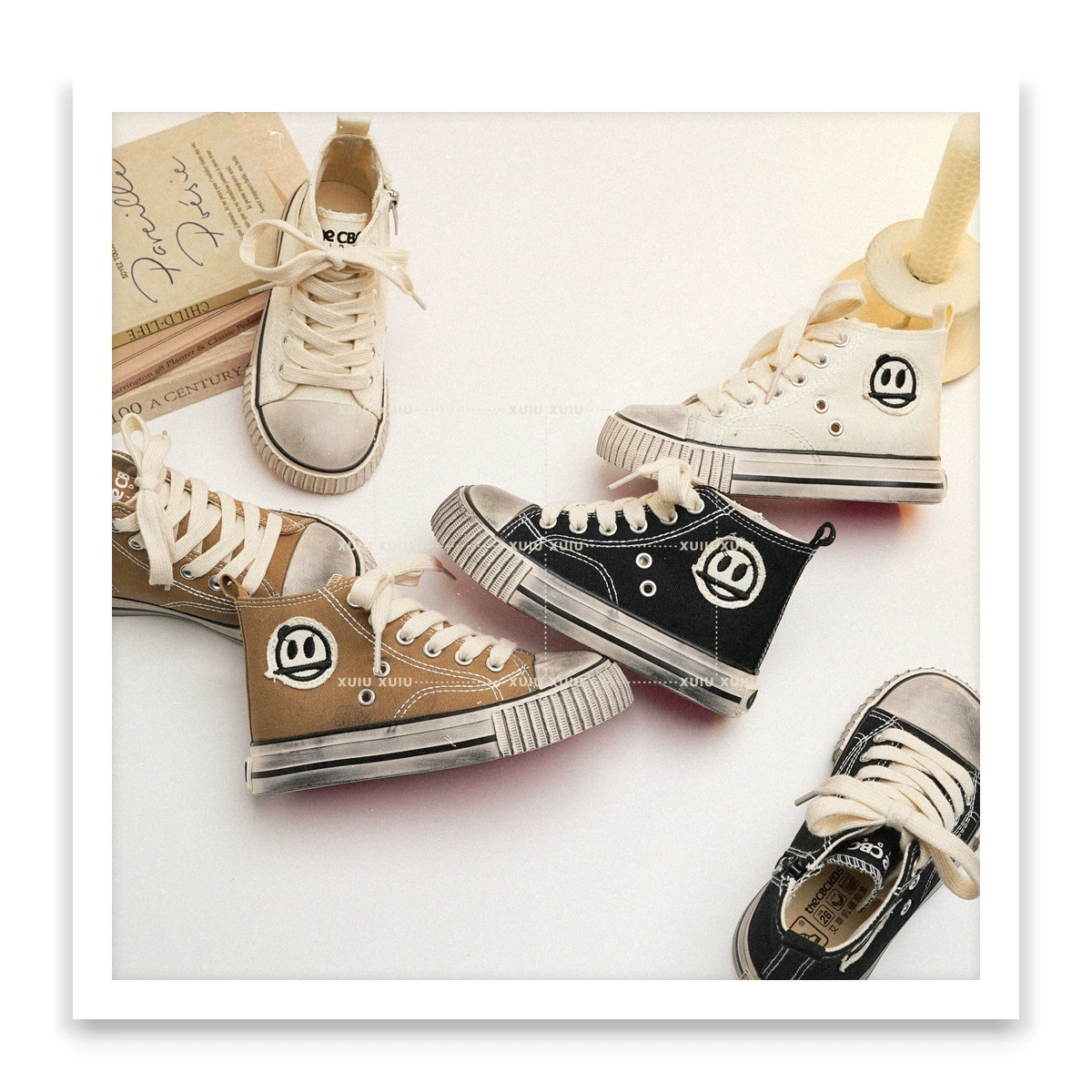 XSHX Kinder Canvas Skate Schuhe, Unisex, Frühling, High Top, Seitenreißverschluss, Dirty Style