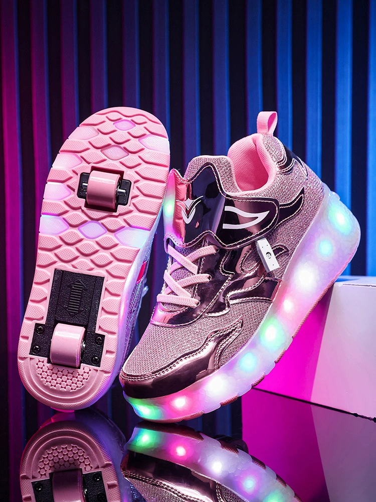 Factory Direct Kids Roller Skates Button Sports Shoes USB Charging Light Up Boys Sneakers