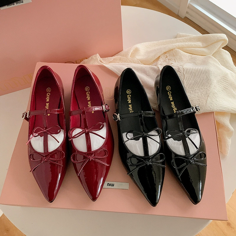 Pointed Toe Double Bow Flat Mary Jane Shoes for Women Party