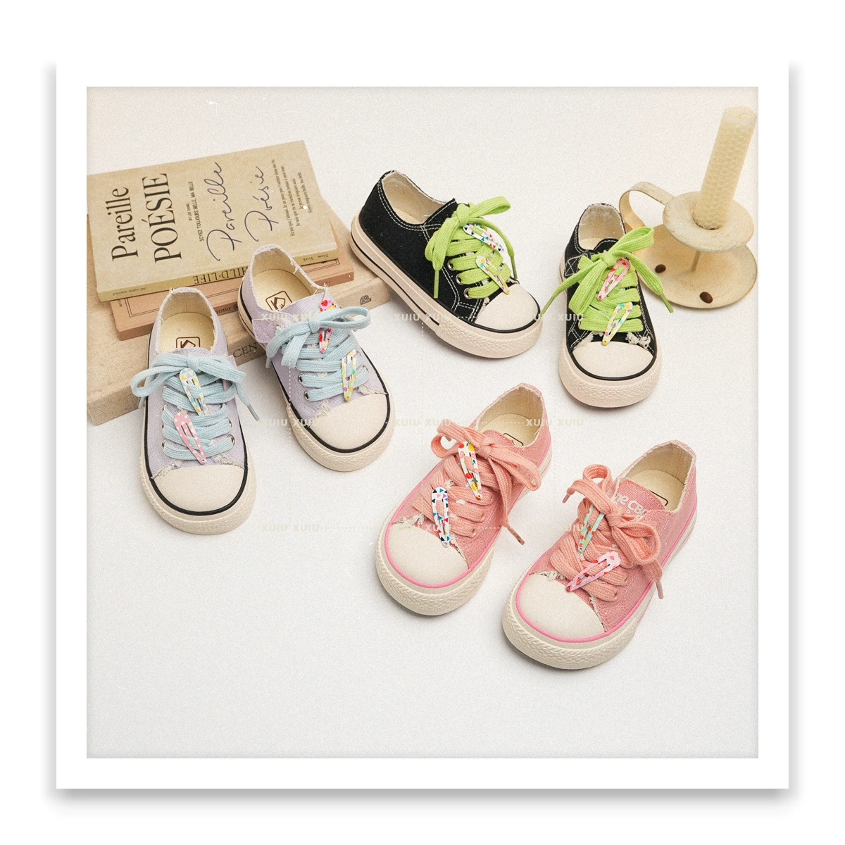 XSHX Hairpin Sweet Kinder-Canvas-Low-Top-Schuhe mit Klettverschluss für Mädchen, Frühling
