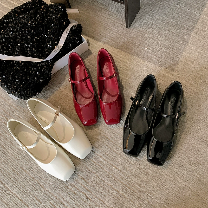 New French Vintage Square Toe Buckle Mary Jane Patent Ballet Flats