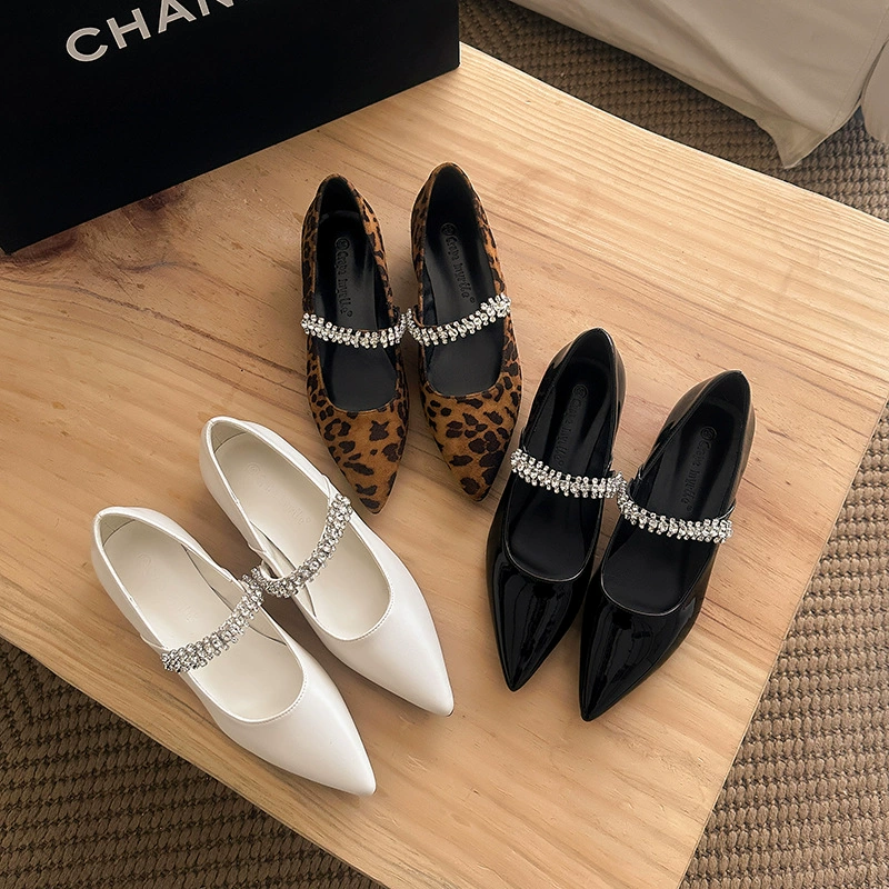 New Elegant Pointed Toe Sparkle Strap Leopard Print Low Heel Pumps for Women Spring