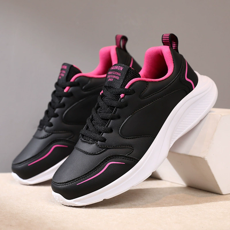 All Black Women Sports Shoes Leather Waterproof Soft Sole Lightweight Work Shoes Plus Size