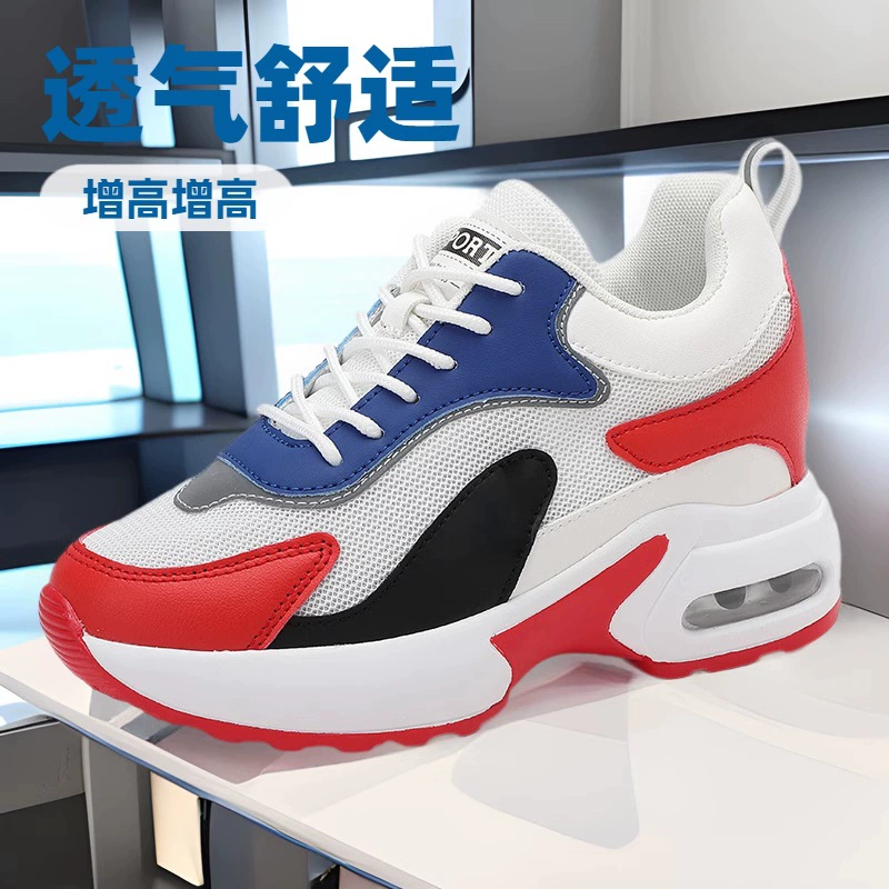 跨境2025新款内增高女鞋小个子厚底网面透气垫减震休闲鞋运动鞋