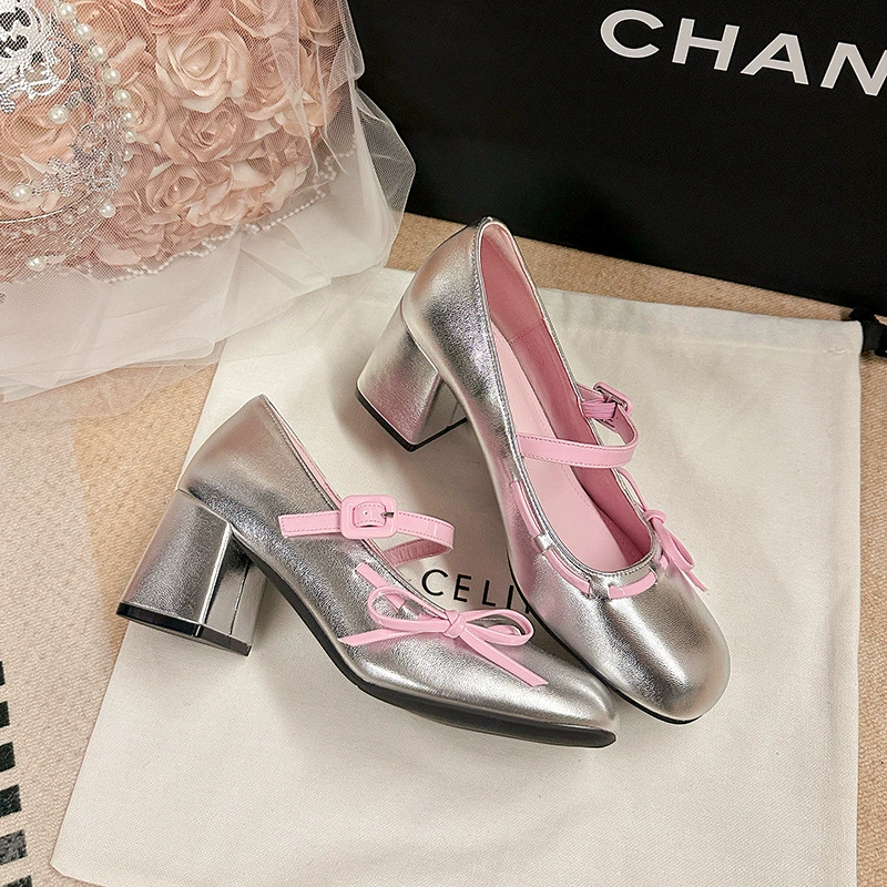 Spring Chunky Heel Mary Jane Shoes for Women, 6cm Height Increase Sweet Bow