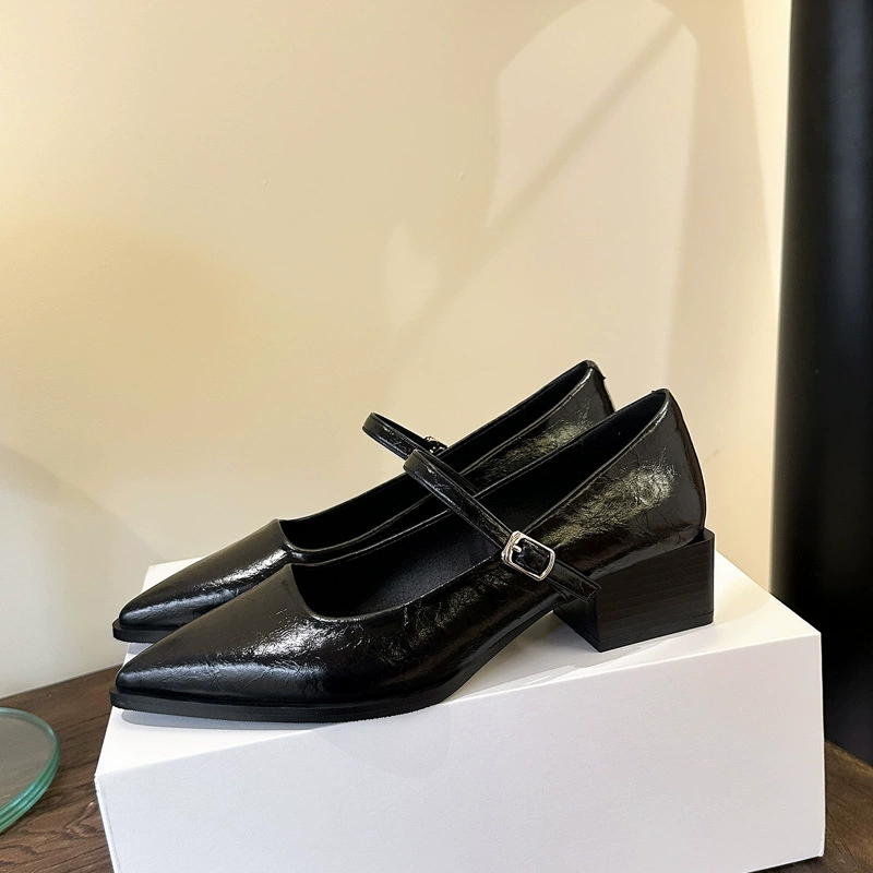 2025 Spring Pointed Toe Mary Jane Shoes for Women, Chunky Heel Black Wholesale
