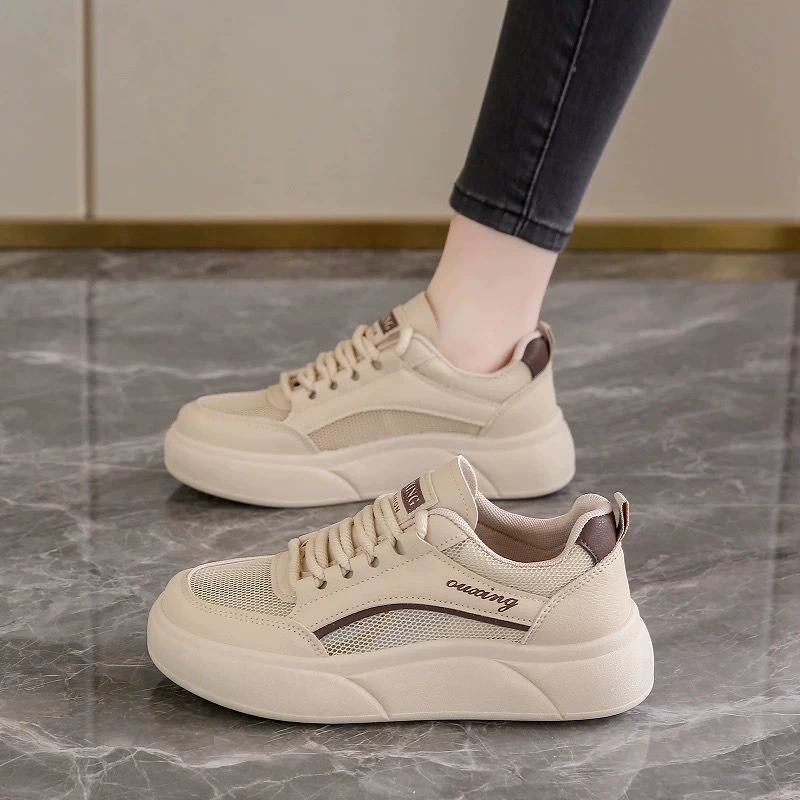 Zapatillas Blancas de Malla Transpirables Verano para Mujer, Suela Gruesa Coreana, Zapatos Casual de Tabla