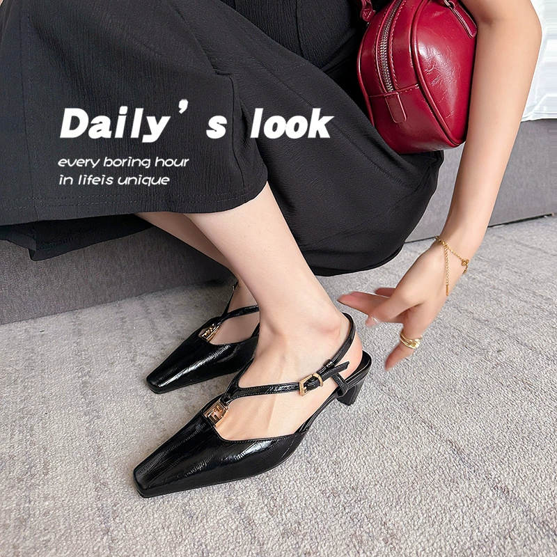 Square Toe Gold Buckle Eel Skin Kitten Heel Open Back Sandals for Women Summer