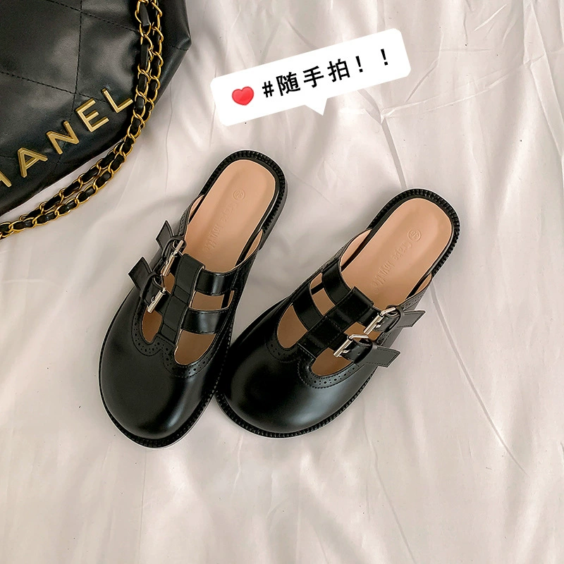 Summer Sunset Soft Leather Double Buckle Carved Mary Jane Half Slippers for Women
