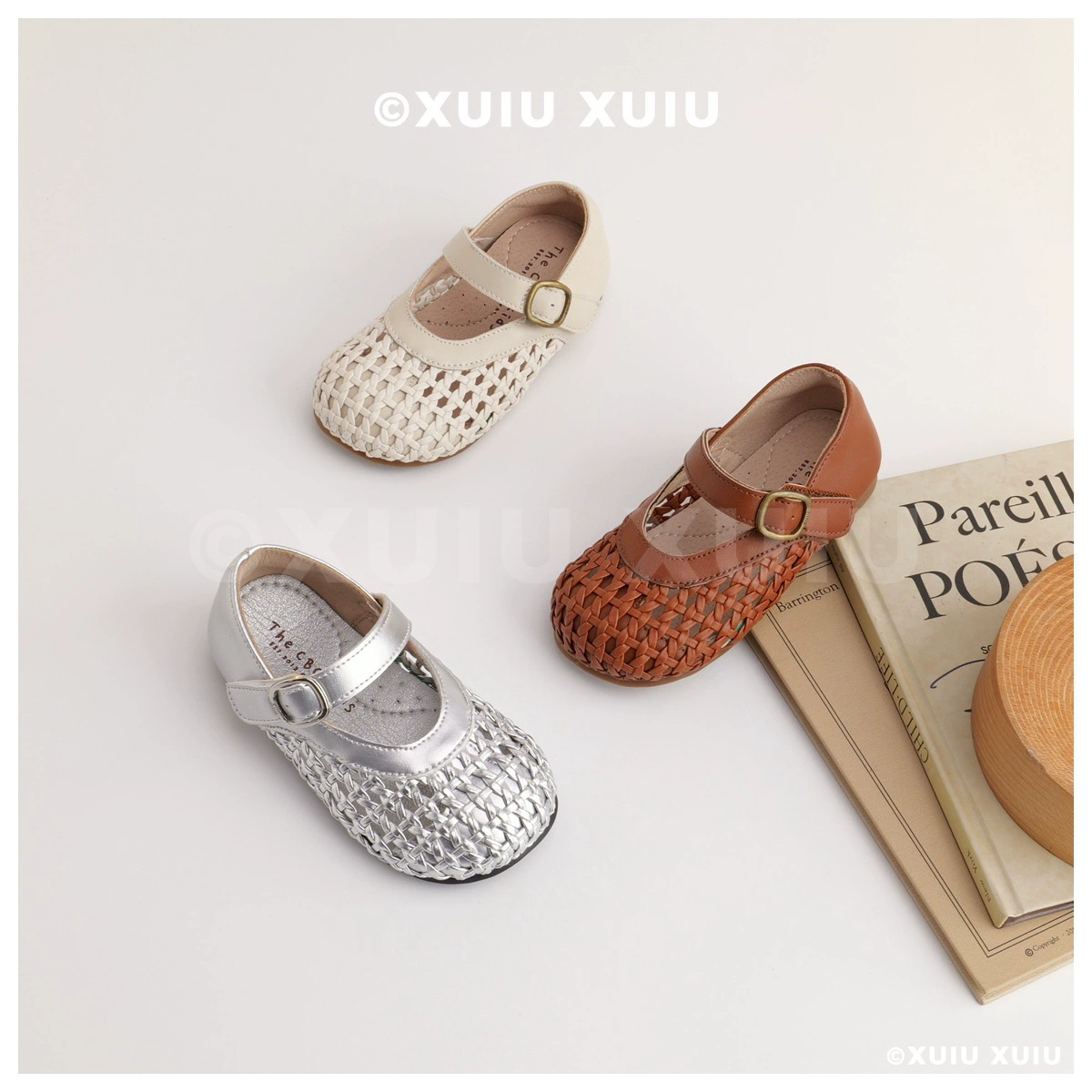 XSHX Retro Woven Girls Cutout Mary Jane Sandals Shallow Breathable Spring Summer