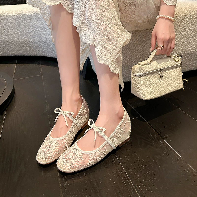 3.5cm Platform Square Toe Lace Mesh Bow Mary Jane Shoes for Women, Ballet Style
