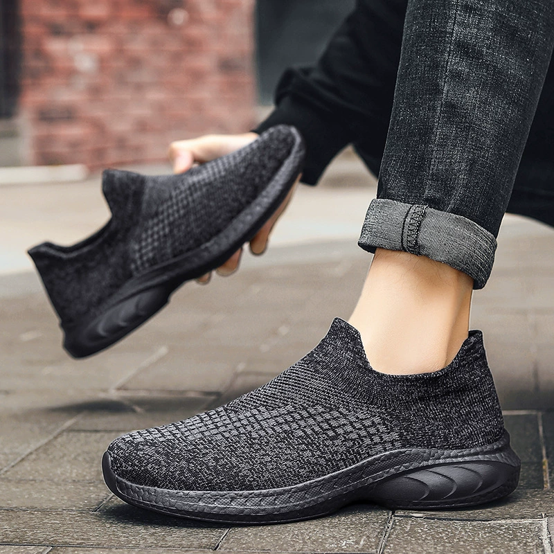 Homme grande taille chaussures décontractées en tricot slip-on, chaussettes, semelle souple, dad noir