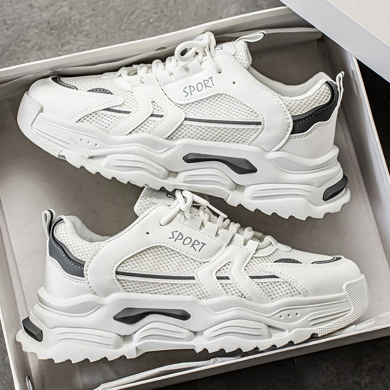 Zapatillas blancas de malla transpirable para hombre, invierno 2026, zapatos dad de suela gruesa que aumentan la altura